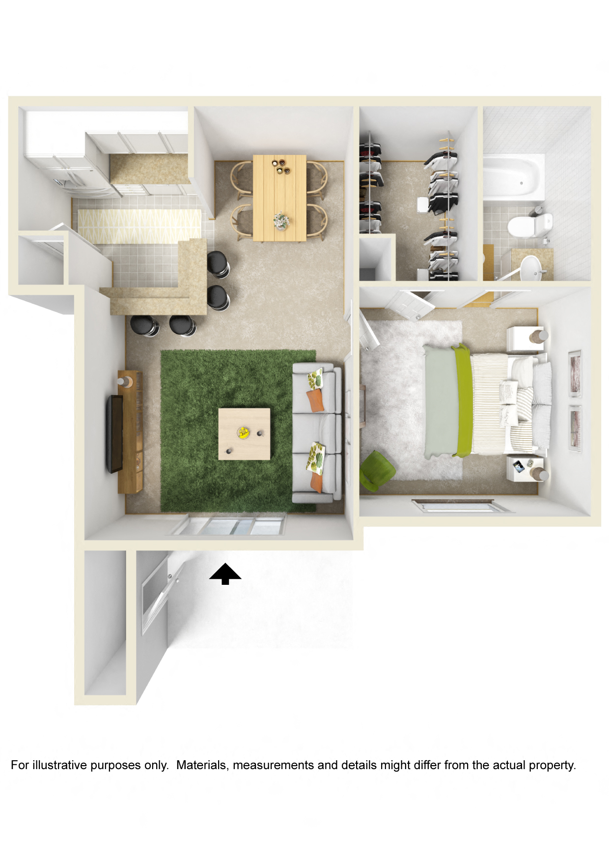 Floor plan for 1 bed, 1 bath, 600 sqft